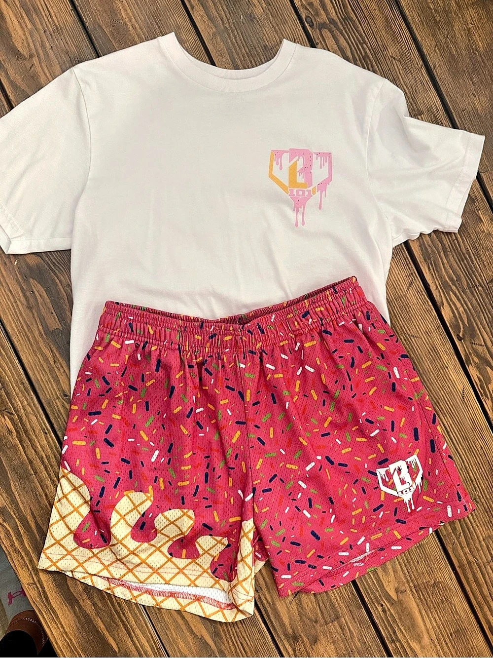 Baseball Lifestyle 101 Ice Cream Drip Pink & White Graphic Tee & Shorts Set Mens